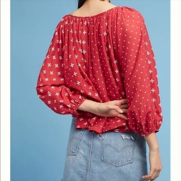 🅢🅐🅛🅔 Anthropologie Kopal Red Top Luma Peasant Blouse Medium - Picture 2 of 7